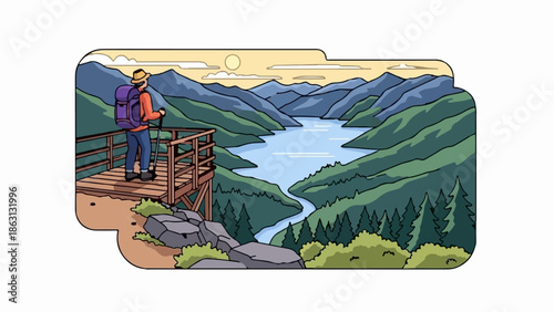 Hiker pauses on wooden platform to admire vast mountain lake and forest panorama