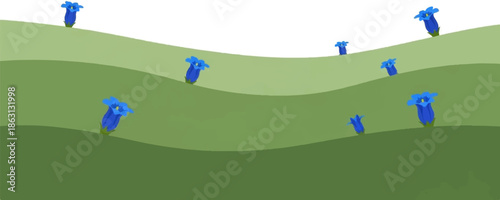Minimalist illustration of blue bell-shaped flowers on rolling green hills under a bright white sky