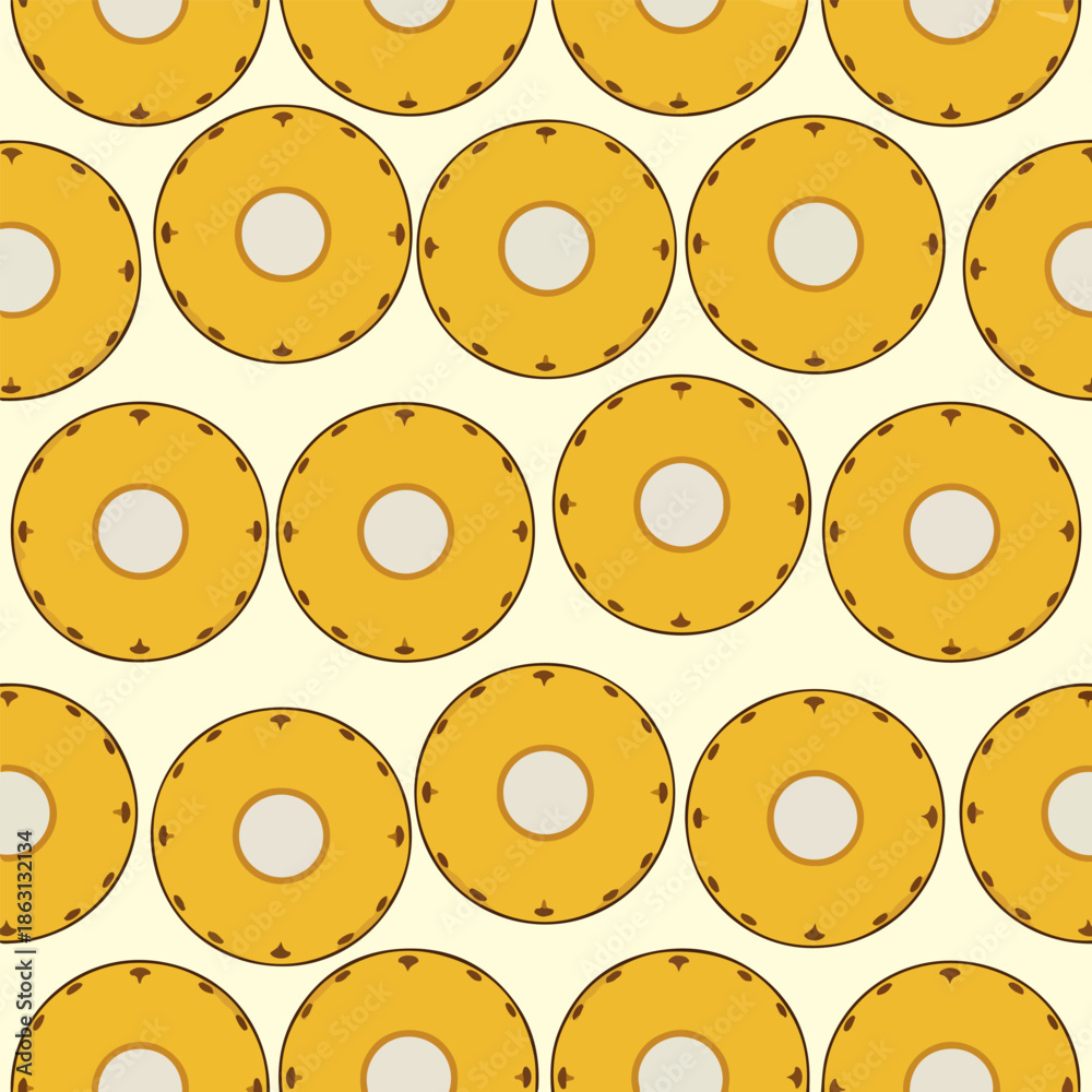 Fototapeta premium Pineapple ring seamless pattern vector illustration with yellow fruit slices on light background