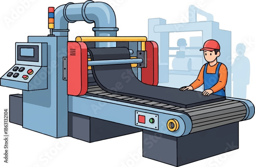 Industrial conveyor system processes a sheet with a worker overseeing