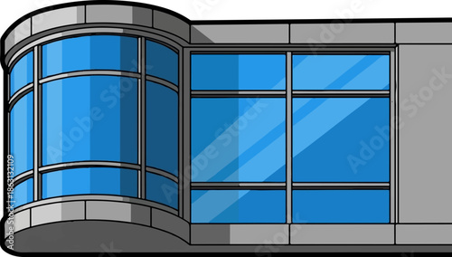Modern building exterior with large blue pane windows and gray paneling
