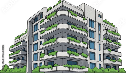 Modern apartment building with balconies overflowing with lush green foliage