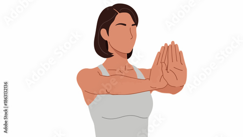 Person in athletic wear with hands clasped, performing a stretch or pose