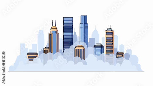 Modern city skyline with towers piercing through fluffy clouds in a minimalist style