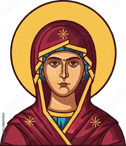 Iconic illustration of a solemn woman with a golden halo, adorned in a red veil and blue garment