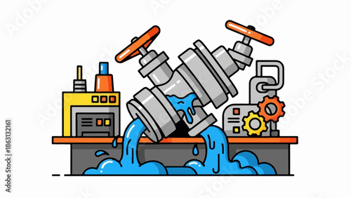 Industrial system with valves, pipes, and water flow