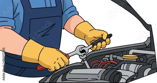 Person in blue overalls and yellow gloves fixing a car engine with a wrench