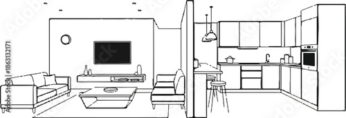 Modern interior illustration of a living area and kitchen with furniture and appliances
