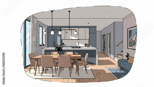 Modern kitchen and dining area with island, table, chairs, and adjacent living space