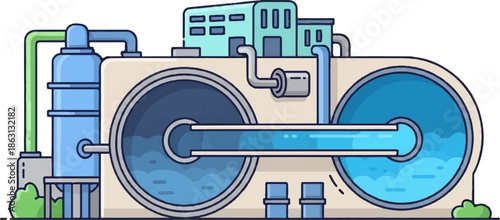 Industrial water treatment facility with pipes, tanks, and buildings