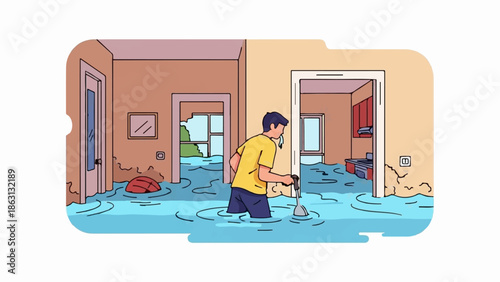 Person in flooded interior using a mop to remove water