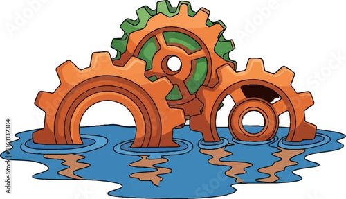 Interlocking gears submerged in blue water with reflections