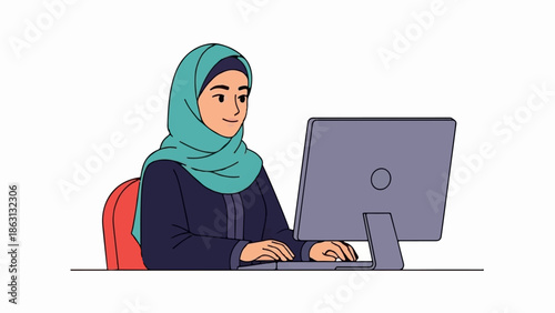 Person in teal hijab working on a computer at a desk