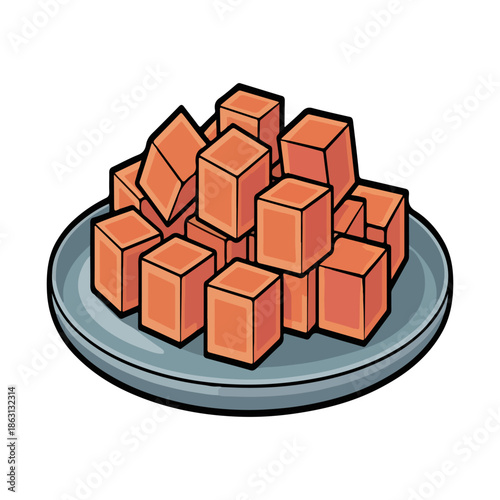 Ripe papaya cube plate vector illustration with fresh fruit pieces on a grey tray isolated