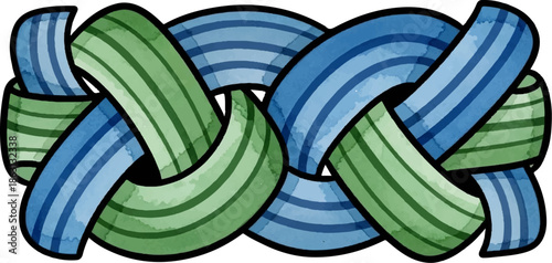 Intertwined blue and green watercolor ribbons form an ornamental knot