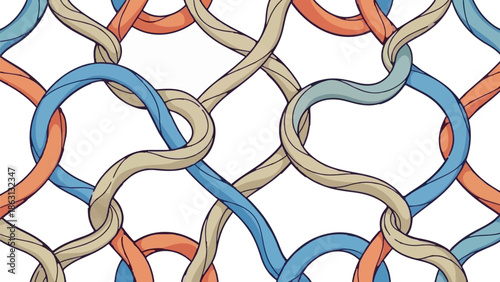 Intertwined strands of blue, orange, and beige form a continuous, abstract woven pattern