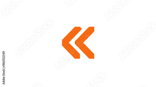 Modern geometric orange double chevron left arrow icon symbol on a clean white background, representing direction, back, previous, or rewind.