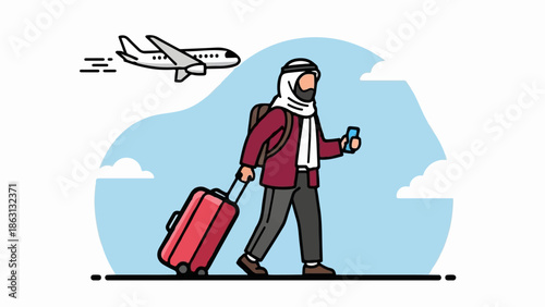 Illustrated traveler in traditional attire with luggage and smartphone, an airplane flying overhead