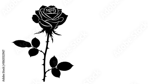 Elegant black silhouette of a single rose flower with thorns and leaves on a white background.