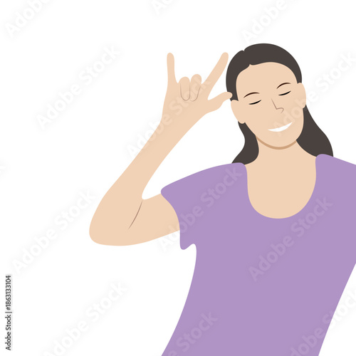 Cartoon positive girl shows a metal gesture with her hand, isolated on white background, flat style