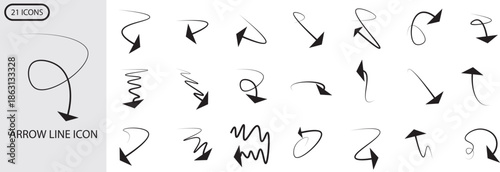 21 Arrows icons set. Line arrows. Vector arrows of various shapes and directions.