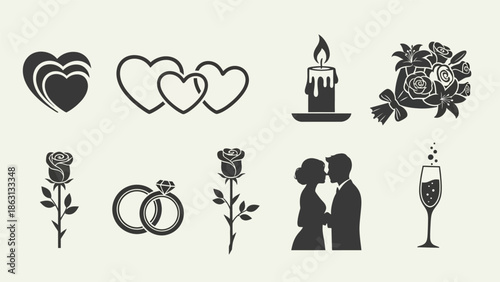 Collection of wedding and romance themed icons including hearts, rings, roses, and a couple silhouette.