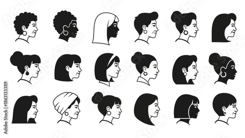 Set of diverse female profiles showcasing various hairstyles and facial expressions in black and white.