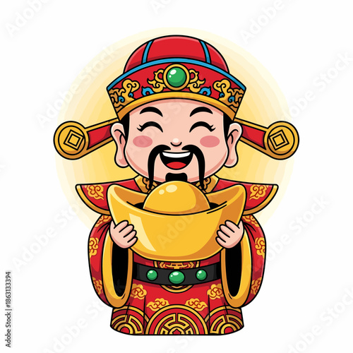 Illustration of a smiling man in traditional attire holding a gold ingot