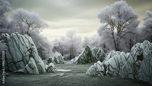 A quiet, frost-covered woodland on a still, overcast winter day.