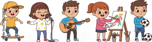 Creative Kids Activities Illustration Set Showing Children Singing, Playing Guitar, Painting on Easel, Skateboarding, and Playing Soccer for Fun and Learning Designs