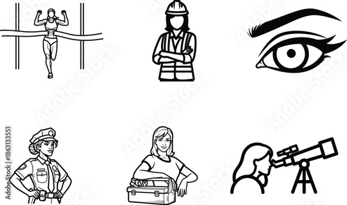 black and white line drawings of various people and objects on white background