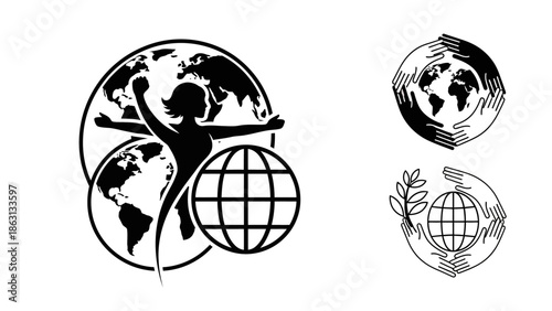 Set of black and white vector logos representing global peace, health, and environmental protection with human figures and planet Earth.
