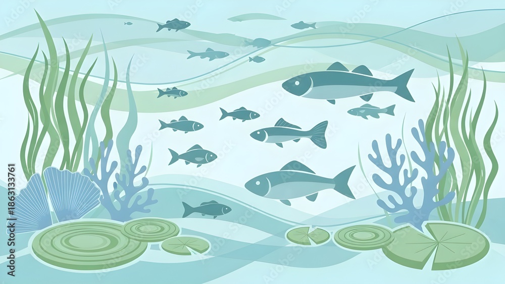 Obraz premium Dynamic underwater world illustration with various fish species swimming gracefully amidst vibrant aquatic plants, green seaweed, and lily pads, depicting a serene marine ecosystem