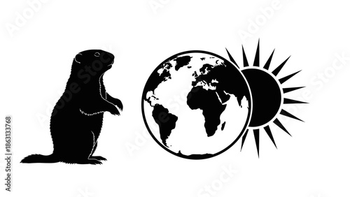 Groundhog Day concept with marmot, Earth, and sun, symbolizing weather prediction tradition.