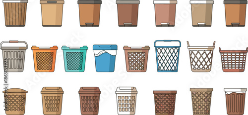 Trash Bin and Waste Container Illustration Set Featuring Plastic, Metal, and Wicker Baskets for Garbage Collection, Recycling, and Household Organization Designs