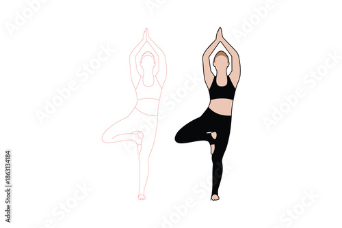 Yoga pose “Tree Pose” (Vrksasana) with a minimalist and modern style.