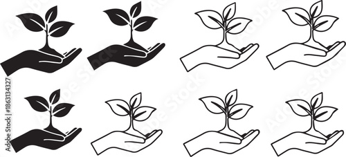 Hand Holding Sprout Icons: Black and White, Growth, New Life, Sustainability, Nature, Eco Friendly Concepts