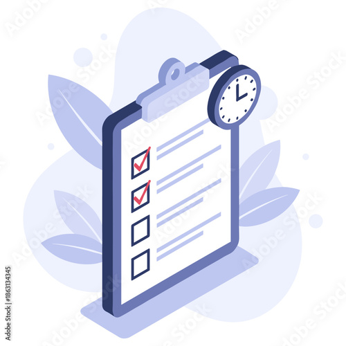 Checklist with completed tasks and clock illustrating time management