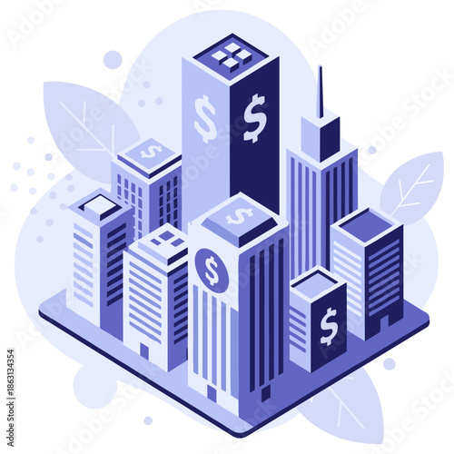 Isometric blue cityscape with tall skyscrapers and dollar signs on buildings