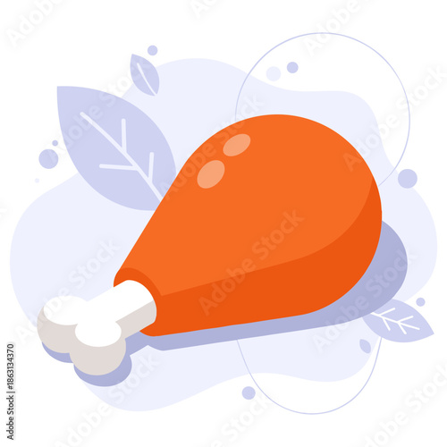 Cartoon chicken drumstick clipart with bone in flat style on leafy background