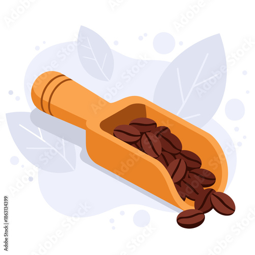 Wooden scoop filled with coffee beans on leafy background
