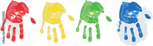 Colorful Handprints: Red, Yellow, Green, Blue Painted Imprints on White Background, Childhood Fun
