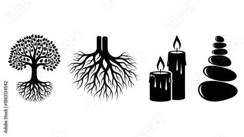 Set of four black and white icons representing nature, growth, and relaxation, including a tree, roots, candles, and stacked stones.