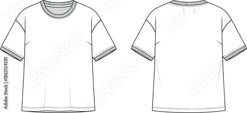 Blank Crew Neck Oversized T-Shirt Vector Technical Sketch with Ribbed Cuffs Front and Back View for Fashion Design Tech Pack