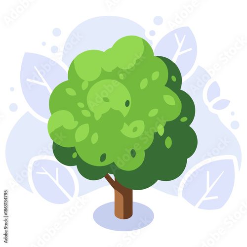 Lush green tree with vibrant leaves and thick trunk on simplistic background