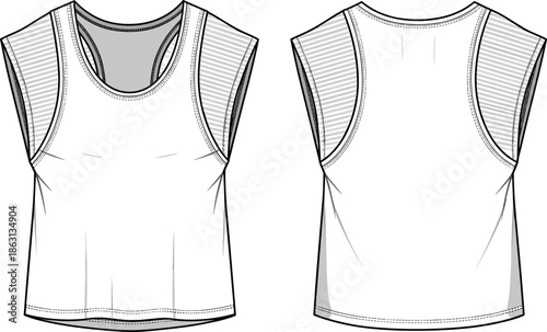Women Activewear Technical Sketch of a Layered Sleeveless Muscle Tank Top with Ribbed Inserts for Fashion Design and Tech Pack Development