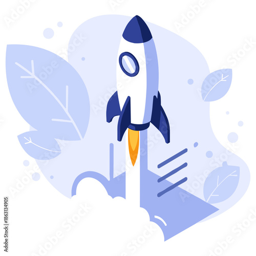 Rocket launch with blue leaves and clouds in abstract illustration design