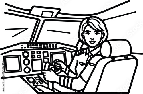 Female pilot sitting in airplane cockpit controlling flight with hands on yoke