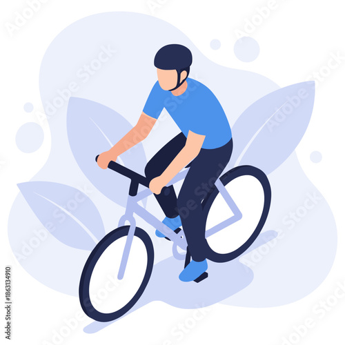 Young male cycling on bicycle in blue outfit