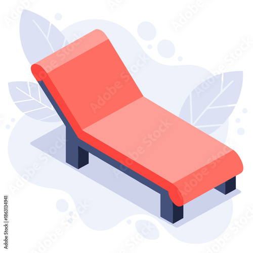 Modern red chaise lounge on minimalist background with leaf accents